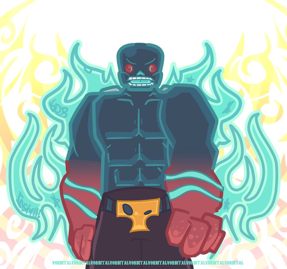 Illustration of WizardoFrank’s Frank in his CUEZALTZIN INSTALL form, against a white background with yellow-to-pink tribal tattoos 