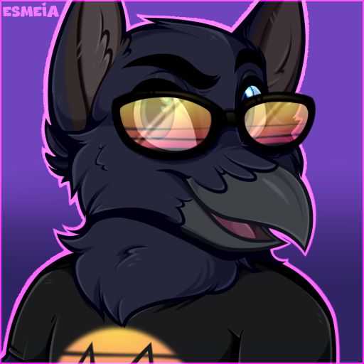 Sterling Icon by Pan with synthwave glasses and shirt, showing a raven gryphon.