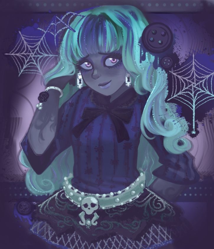 Twyla Boogeyman from Monster High in her base outfit from Generation 1 on a shadowy blue and purple background with swirling and dotted lines, lilac/teal cobwebs and black buttons also frame her face. She has one hand behind her back and the other is brushing hair away from her face as she sheepishly smiles up at the camera. 