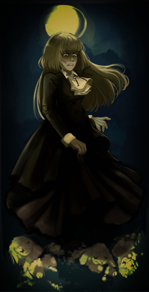 Rosa Ushiromiya from Umineko When They Cry, enraged, wearing five keys around her neck and clawing a hand as she looks down at three torn open sheep plushies. She is illuminated by the moonlight behind her.