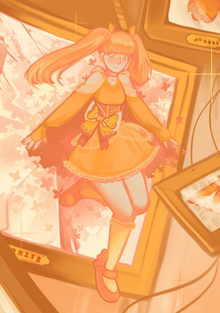 A fullbody digital painting of an original magical girl character, she is gracefully jumping out of an insect collector's frame with dozens of small butterflies taking shape behind her. Frames with pinned butterfly and dragongly wings fall around. She has orange pigtails with antenna like ribbons, a big ribbon on the side of her frilly skirt that resembles a butterfly and tiny wings on her flat shoes.