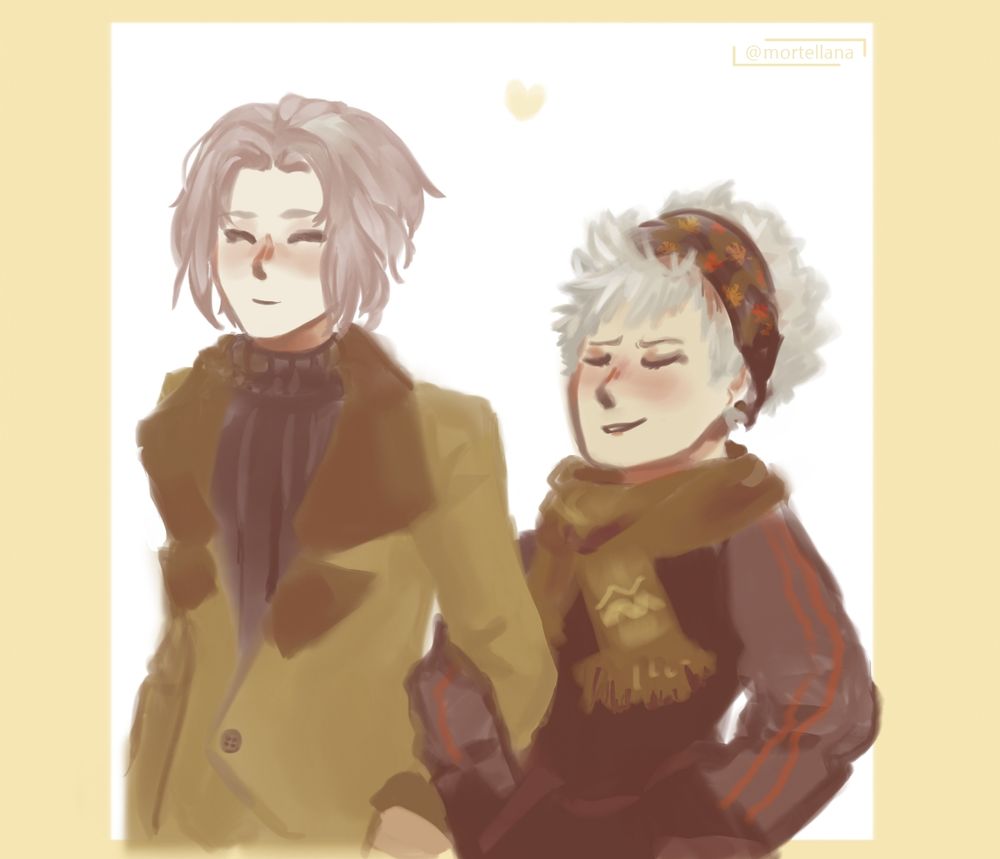 Aoi Kurashiki and Light Field from zero escape, they are locking arms and wearing earth toned autumn outfits. Light wears a black turtleneck and a brown overcoat while Aoi has a darker jacket and lighter scarf and a headband with fall leaf drawings on it.
