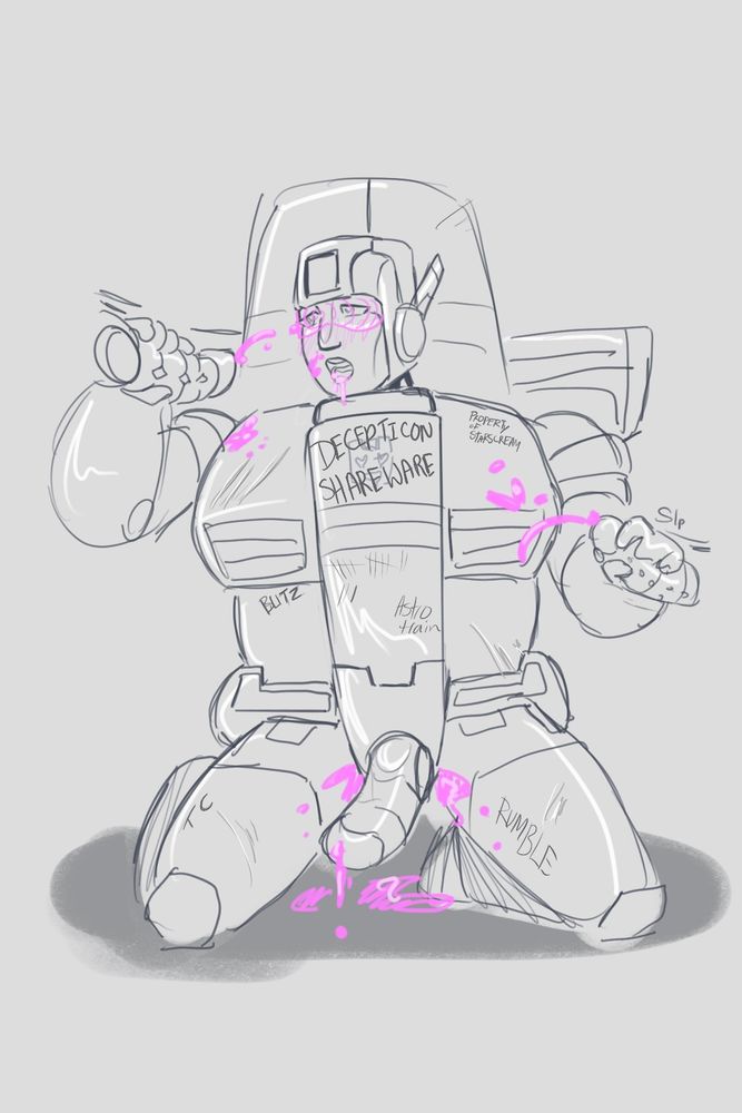 Transformers valveplug drawing of Skyfire/Jetfire with a hypno visor on. Skyfire is giving hand jobs to two spikes. He has transfluid on his face and armor. His armor has been signed by different decepticons. The phrase "decepticon share ware" is engraved over the autobot badge.