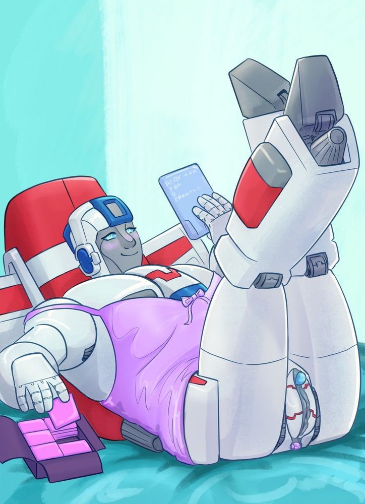 Skyfire / Jetfire from transformers reclining on a bed with their legs crossed in the air. His valve is on display and a butt plug is just visible. He wears a purple slip, holding energon goodies in his right hand and a data pad in his left.
His smile is soft and questioning.
Valveplug 