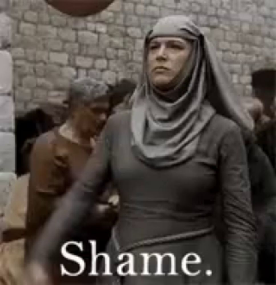 a woman in a hijab is standing in front of a brick wall with the words `` shame '' written on the bottom .