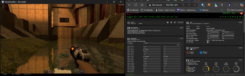 Quake 2 RTX running in a window, being hosted by a virtualized gaming PC, utilising 4 cores.