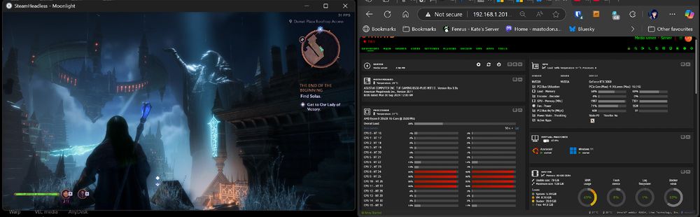 Screenshot of DragonAge: Veilguard running in a window, being hosted by a virtualized gaming PC, utilising 4 cores as depicted in the status window.