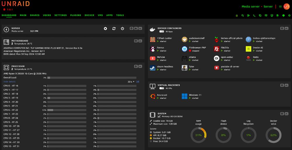 Screenshot of the Unraid Server OS dashboard, depicting a status page of details relating to the cpu (16 cores/16 threads), 80gb Ram, and 2 Virtual machines running.  A plethora of Docker containers are also showing.