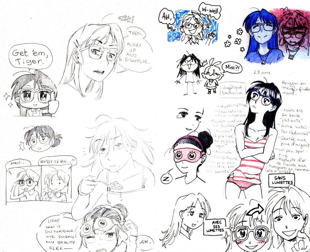 Various sketches of a black-haired, bespectacled woman spawning two pages.