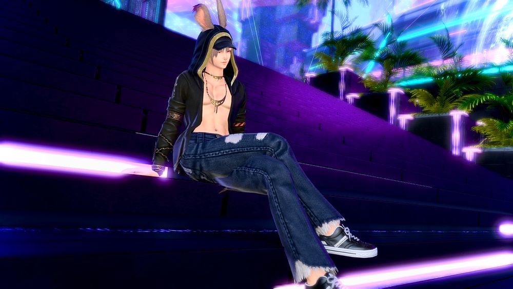 In Solution 9, Solomon, the Warrior of Light, is relaxing on the stairs to the Arcadion wearing a casual glam combo that makes it look like he’s wearing a open hoodie, winking at the photographer.