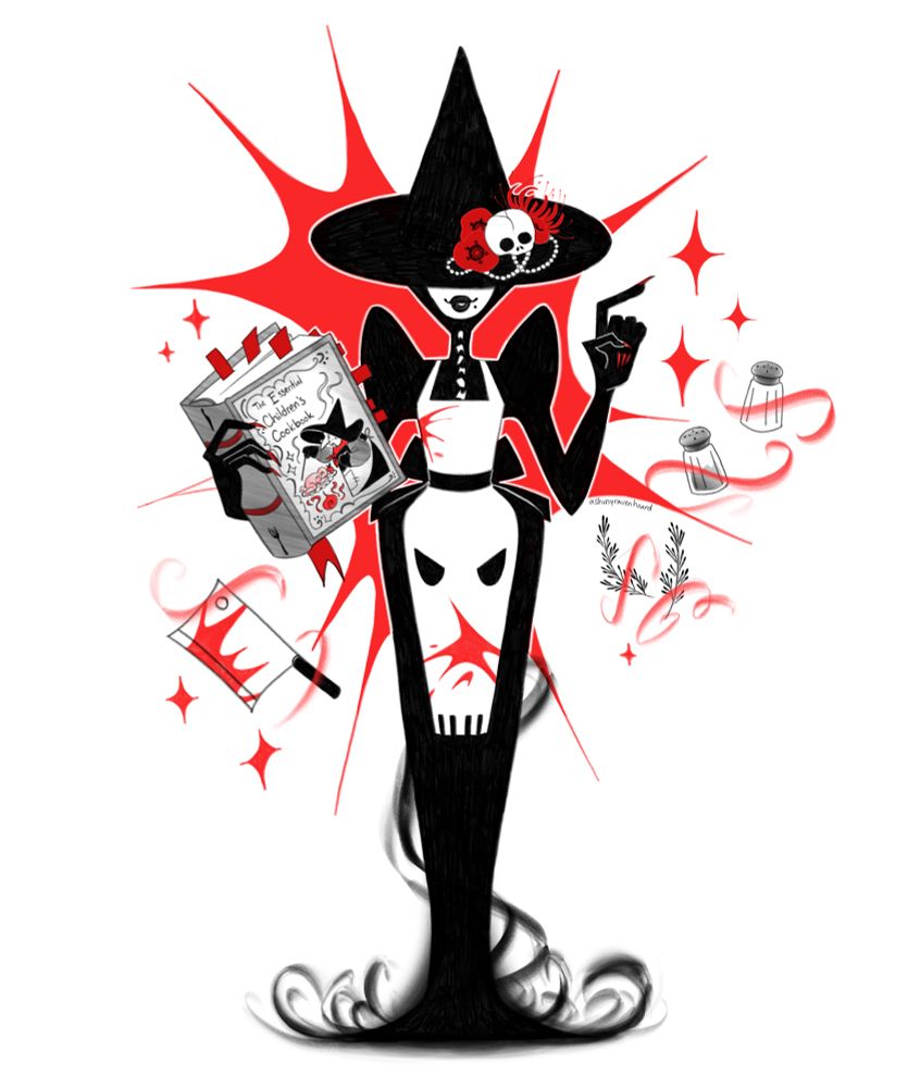 Witch holding cookbook titled “The Essential Children’s Cookbook”

Done in graphic black, white and bright red colors, the witch wears a skull like apron and is prepping her next dinner meal