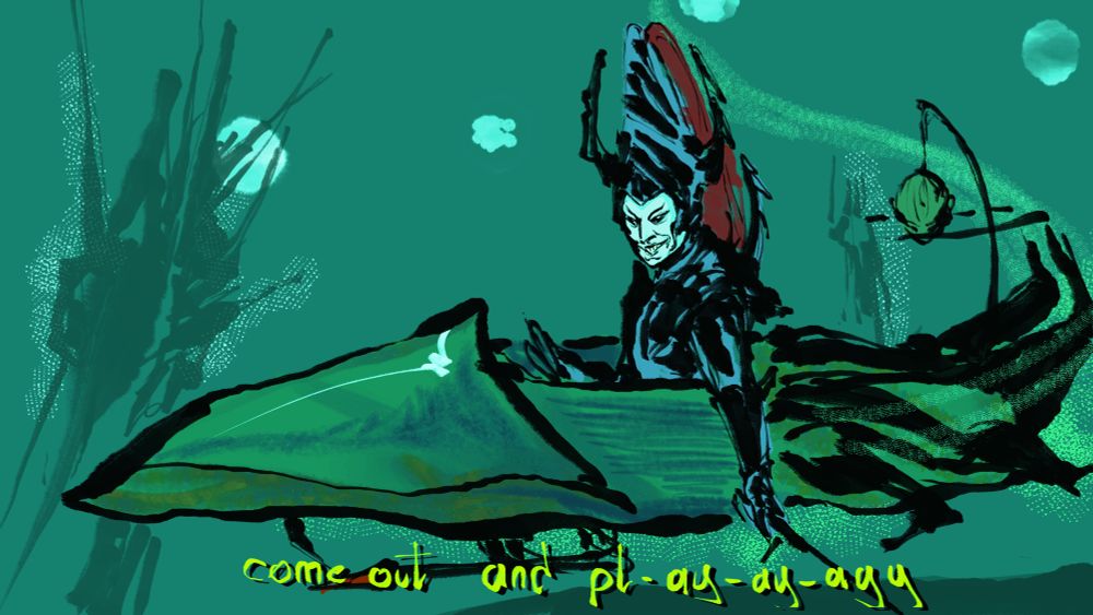 Meme redraw of a mcelroy screenshot. Asdrubael Vect is flying around in Commorragh in an individual ship and holding out a baton. With a malicious grin he is saying "come out and pl-ay-ay-ayy"