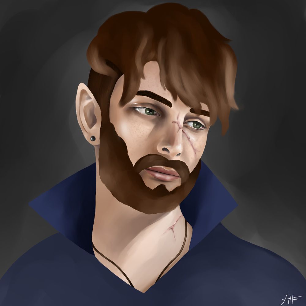 digital portrait of a middle-aged man with brown hair and a brown beard, pointy ears and scars on his face 