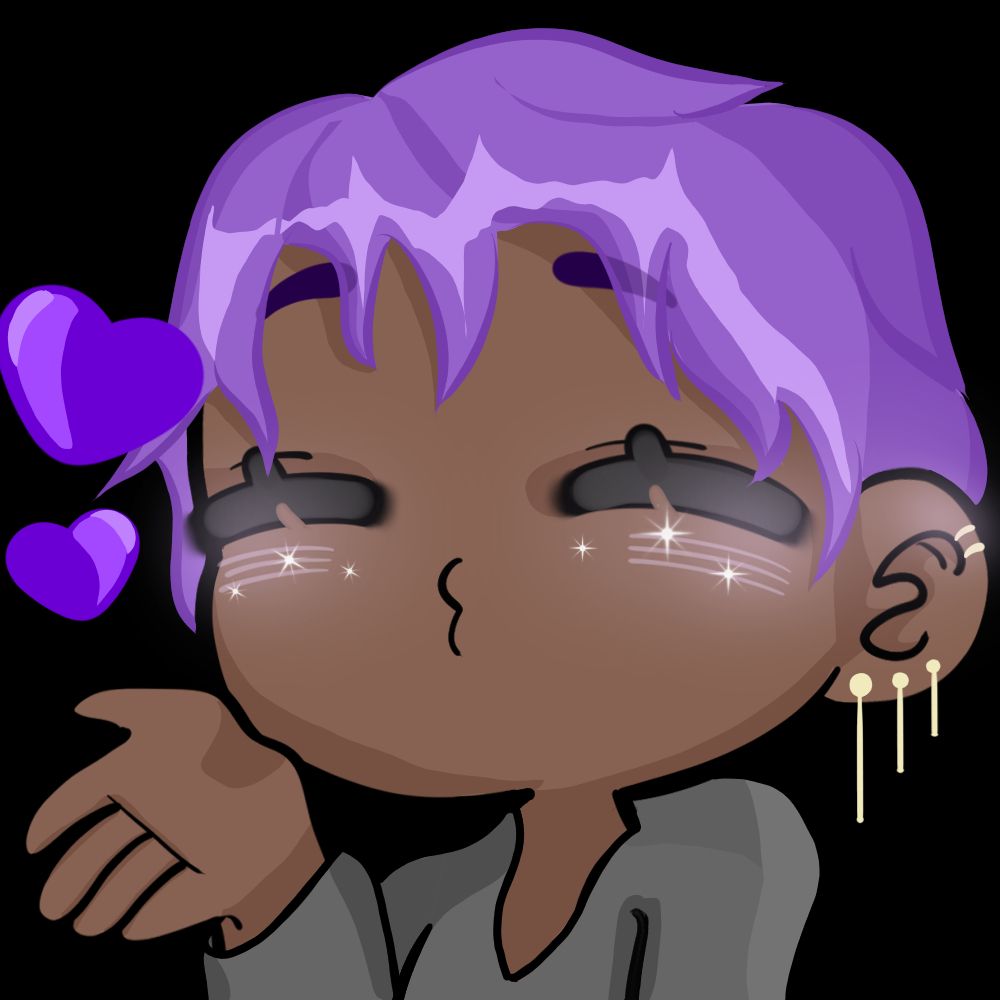 digital drawing of a vtube emote; the character has purple hair and lots of earrings, and they are blowing a kiss at the viewer 
