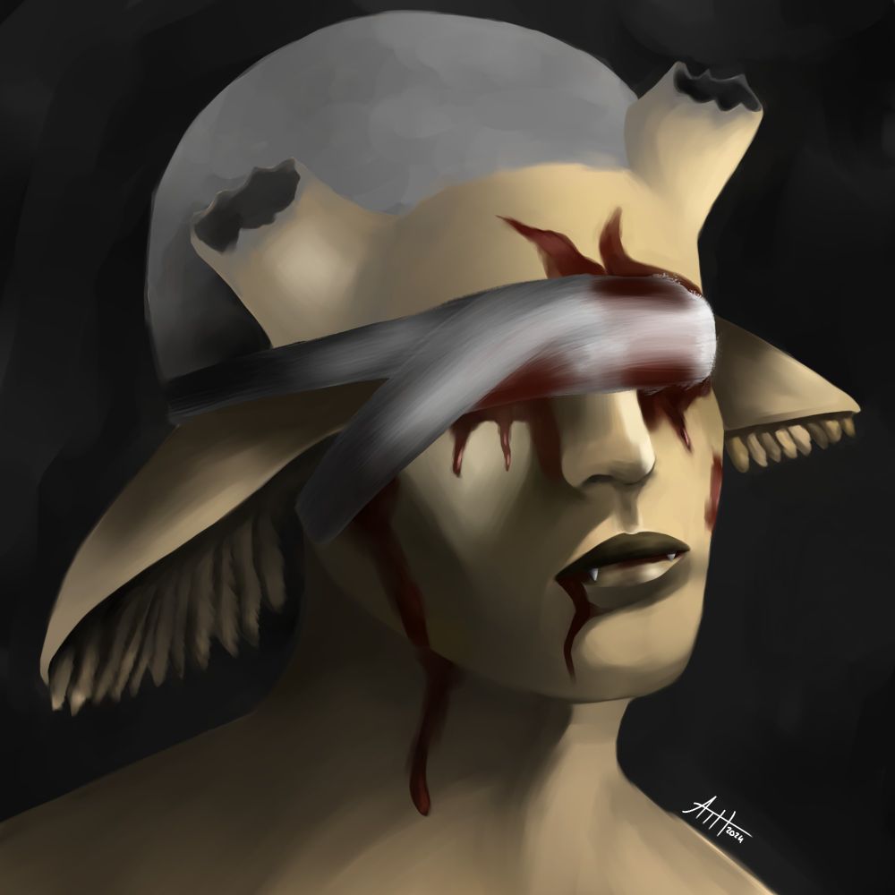 digital drawing of a tiefling with broken off horns, yellow skin and a blindfold around their eyes. there's a lot of blood dripping down from the covered eyes 