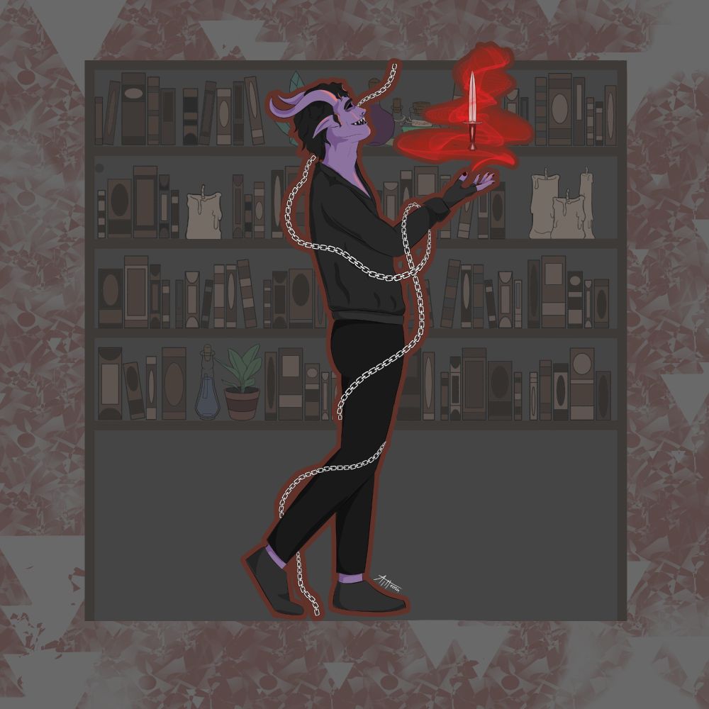 digital drawing of a person with purple skin standing sideways in front of a book shelf. they are looking up. they wear black clothes and have horns and tiefling-ears, and they reach out one hand to magically hold a dagger that's levitating above the hand surrounded by red magic. around their body is a chain, floating magically as well 