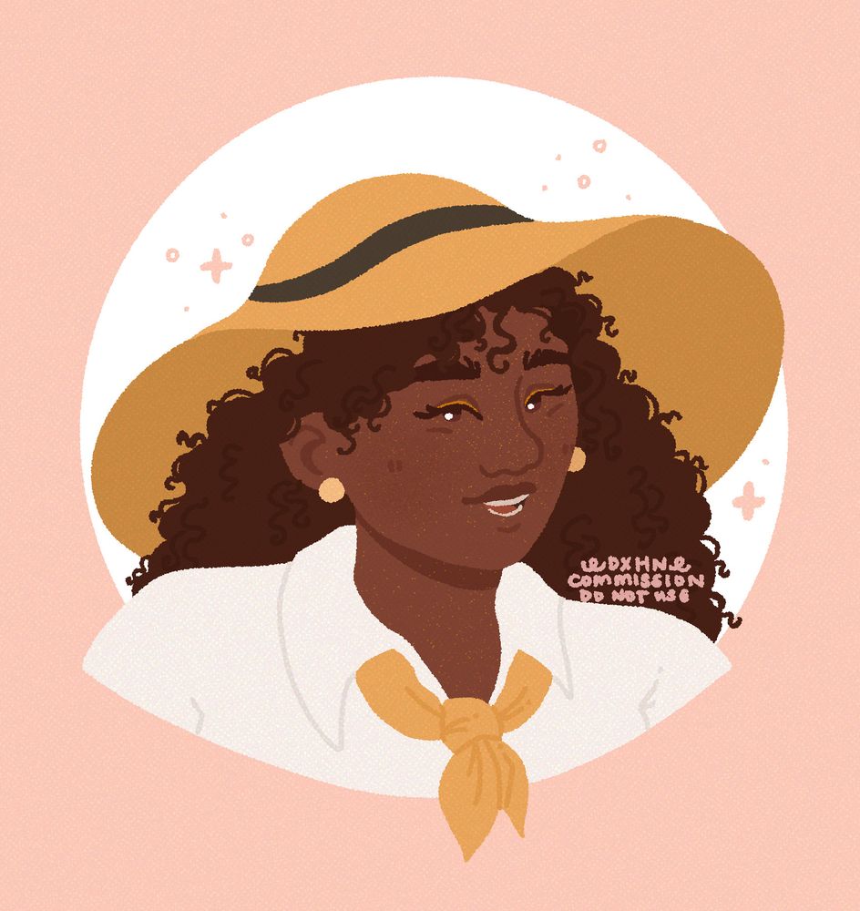 Digital lineless portrait commission for @archfaerie.bsky.social of his requested character Charlotte. She is smiling brightly at the viewer.