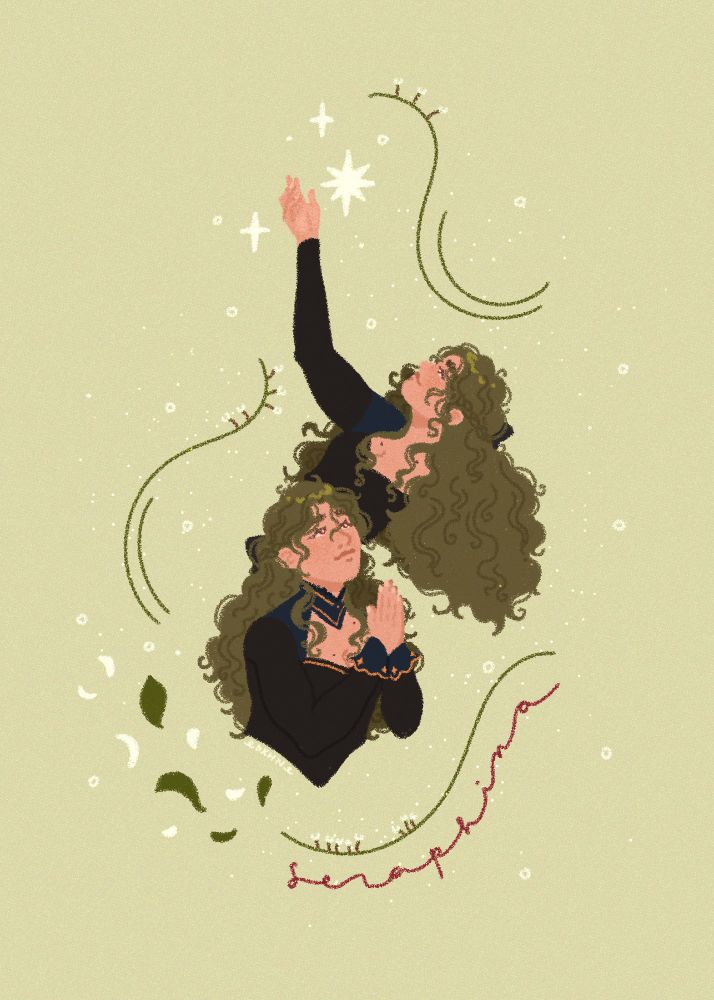 Digital lineless style illustration for @humbuns of their OC Sera on a pale green background. There are two drawings of Sera from the waist up in the center, one is reaching up towards stars and the other has their hands clasped together in a prayer. The drawings are framed green curved lines with tentacle-like leaves symbolizing those on a forked leaf sundew. The bottom left of the frame shows scattered leaves and white petals. And beneath the bottommost line is "seraphina" in red cursive writing.