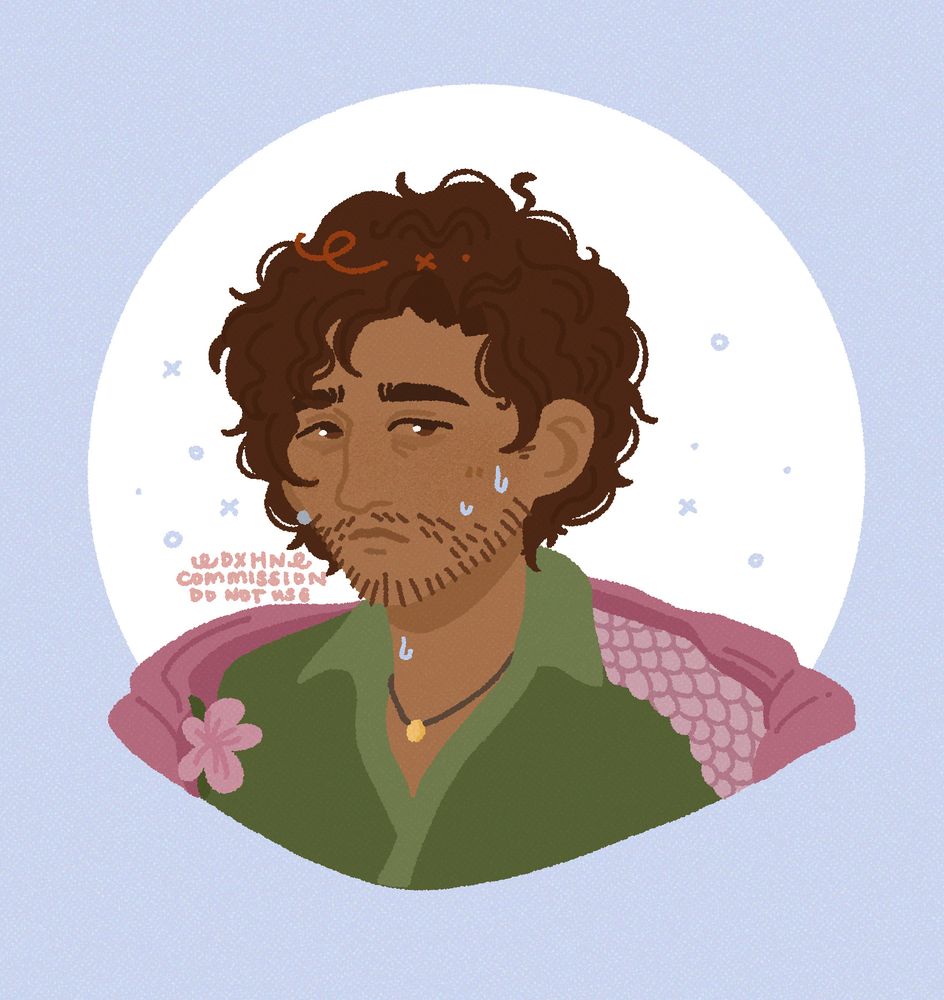 Digital lineless portrait commission for @archfaerie.bsky.social of his requested character Cecil. He looks anxiously at the viewer with sweat beads running down his cheek. 
