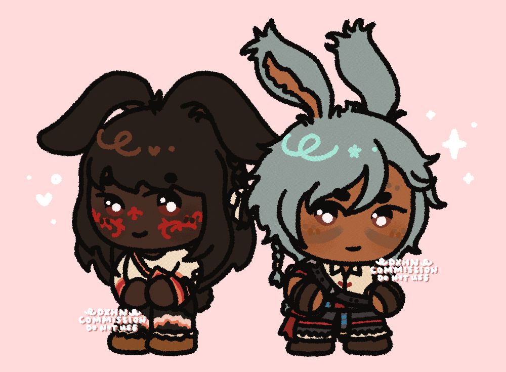 Digital chibi art with two requested Viera characters from the commissioner. They are a couple: the one on the left is looking shyly at the other and the one on the right is looking back at her with the smallest smile.