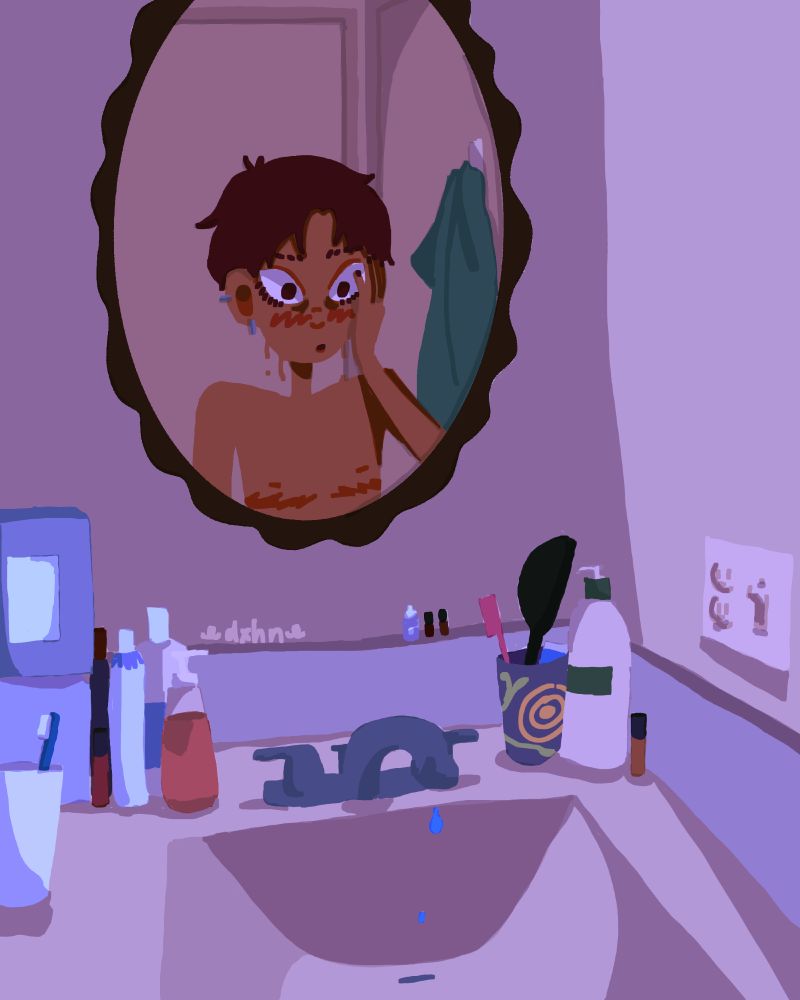 A messy lineless style illustration of a person with short red-brown hair's reflection in the bathroom mirror. They have two visible ear piercings and stylized top surgery scars. They have an indescribable expression on their face as they stare at their reflection with wide eyes and a hand touching their face. The bathroom sink and counter are both visible with the counter having lots of different bottles.