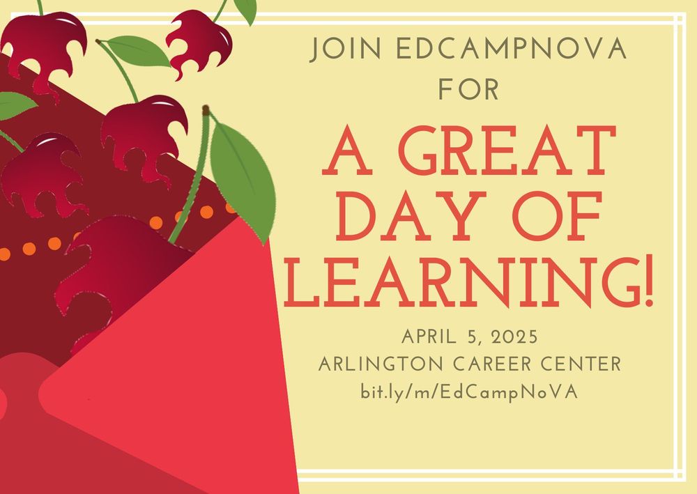 Red envelope with the logo of EdCampNoVA bursting out. Text on a yellow background reads "Join EdCampNoVA for a great day of learning! April 5 at the Arlington Career Center. Find everything you need at bit.ly/m/EdCampNoVA"