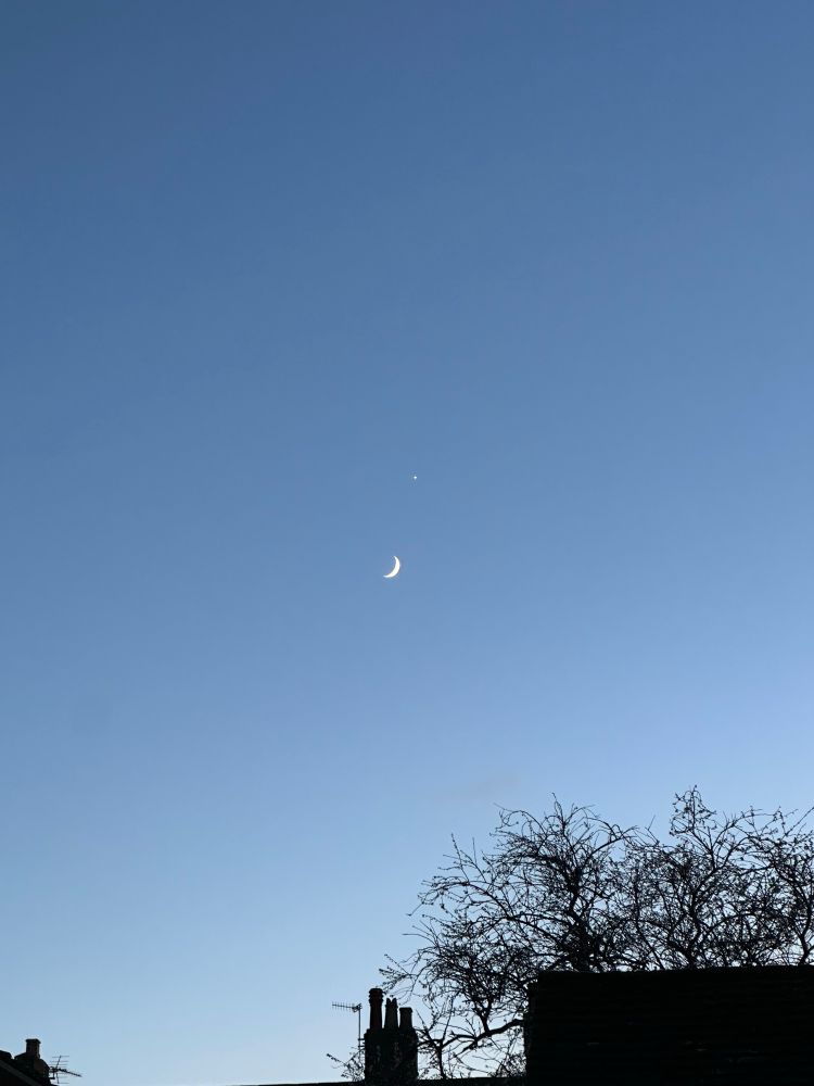 A photo of the crescent moon in a clear sky, with Venus visible above and slightly to the right. 