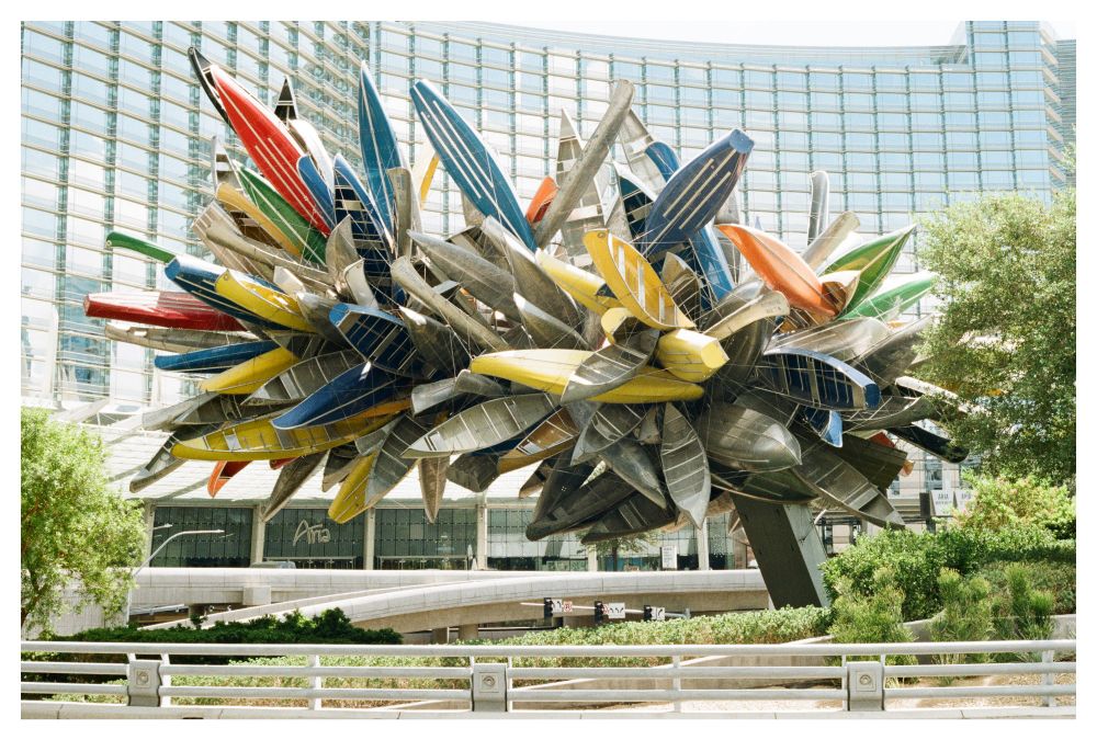 A mass of canoes connected together into one big sculpture in front of the Aria Hotel in Las Vegas