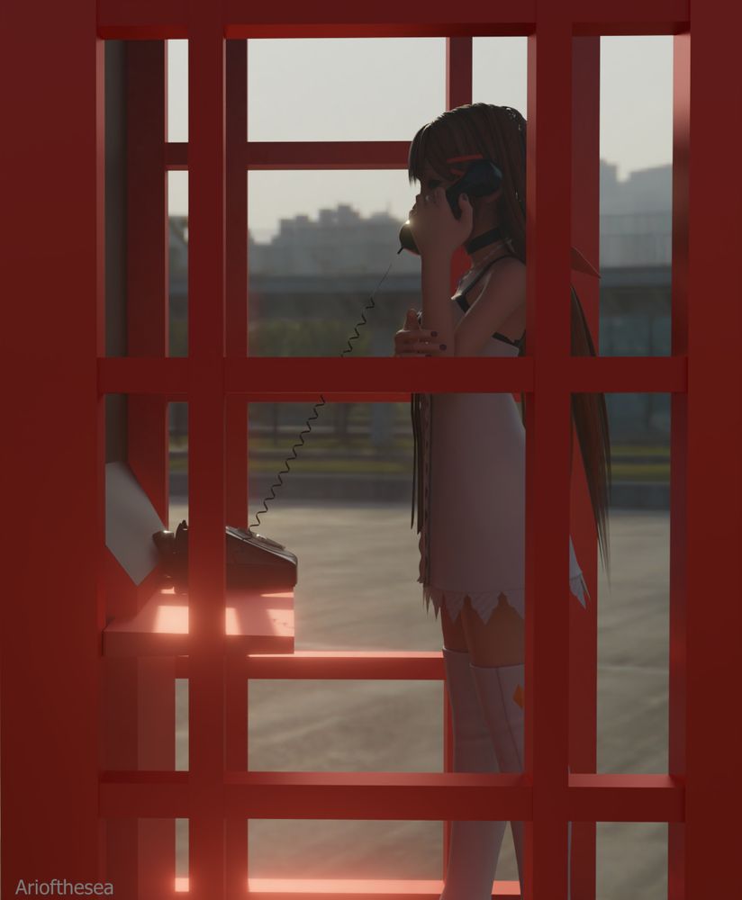 Strelitzia from Kingdom Hearts in a red phone booth making a call using a rotary phone (aka a "wind phone")