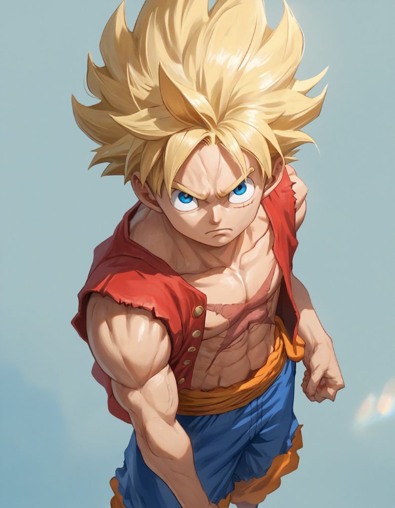 A depiction of Super Saiyan Luffy with spiky blonde hair, blue eyes, and a muscular build, wearing a torn red vest, blue pants, and an orange sash, set against a clear sky.