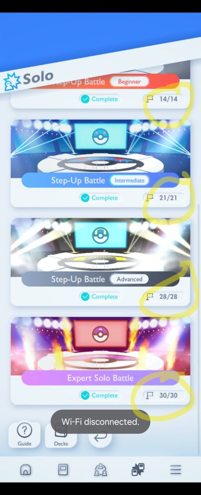 A screenshot of Pokemon TCGP on the solo battles screen. The mission numbers are highlighted, bringing attention to the fact that all the missions are completed.
