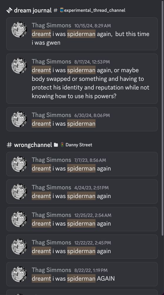 screenshot of the discord search window with 8 examples of having dreamt about being spiderman over a two-year period