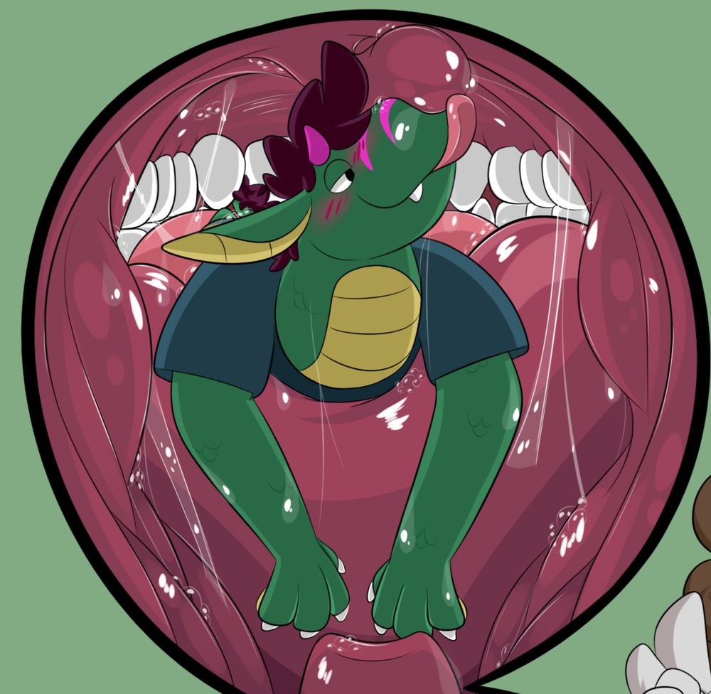 Drawing of my dragon sona inside a bunny's mouth, licking at the uvula