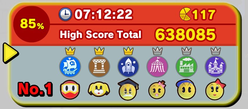 A picture of a save file for Pac-Man World Re-Pac in which Pac-Baby and  Ms. Pac-Man have been restored, replacing Pac-Sis and Pac-Mom respectively.