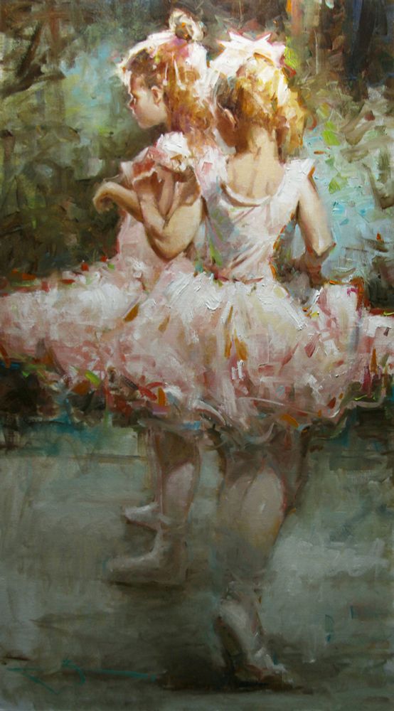 An oil painting of two child ballerinas