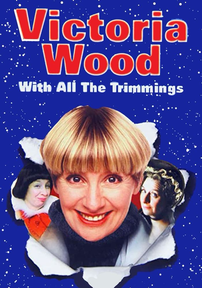 Victoria Wood With All The Trimmings promo image, with blonde bobbed VW beaming, with a blue background covered in sparkles 