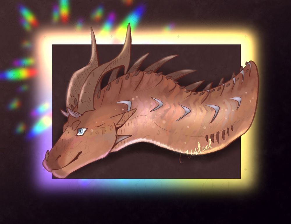 Headshot of someone's character. It's a clay colored dragon with speckles of faint rainbow colors.