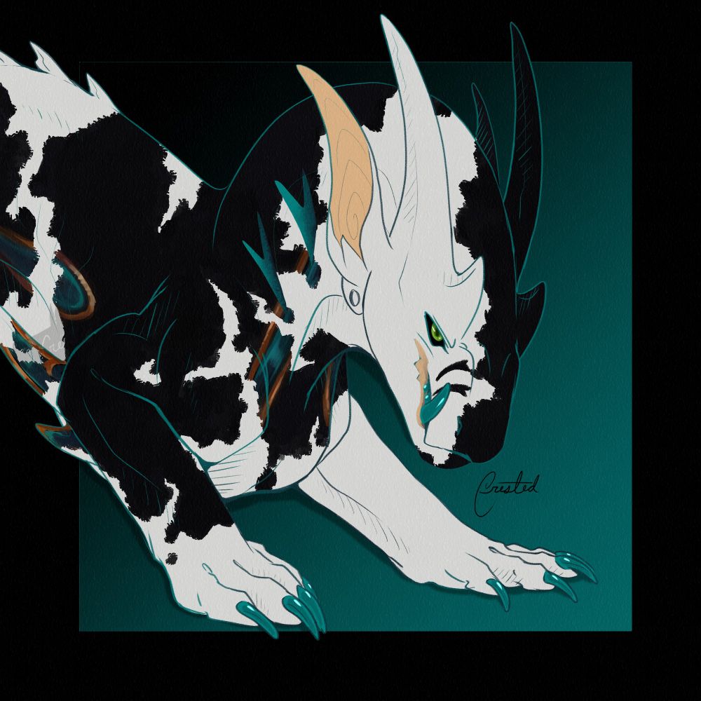 Halfbody drawing of someone's character on discord. The character is a white and black spotted dragon with some teal accent