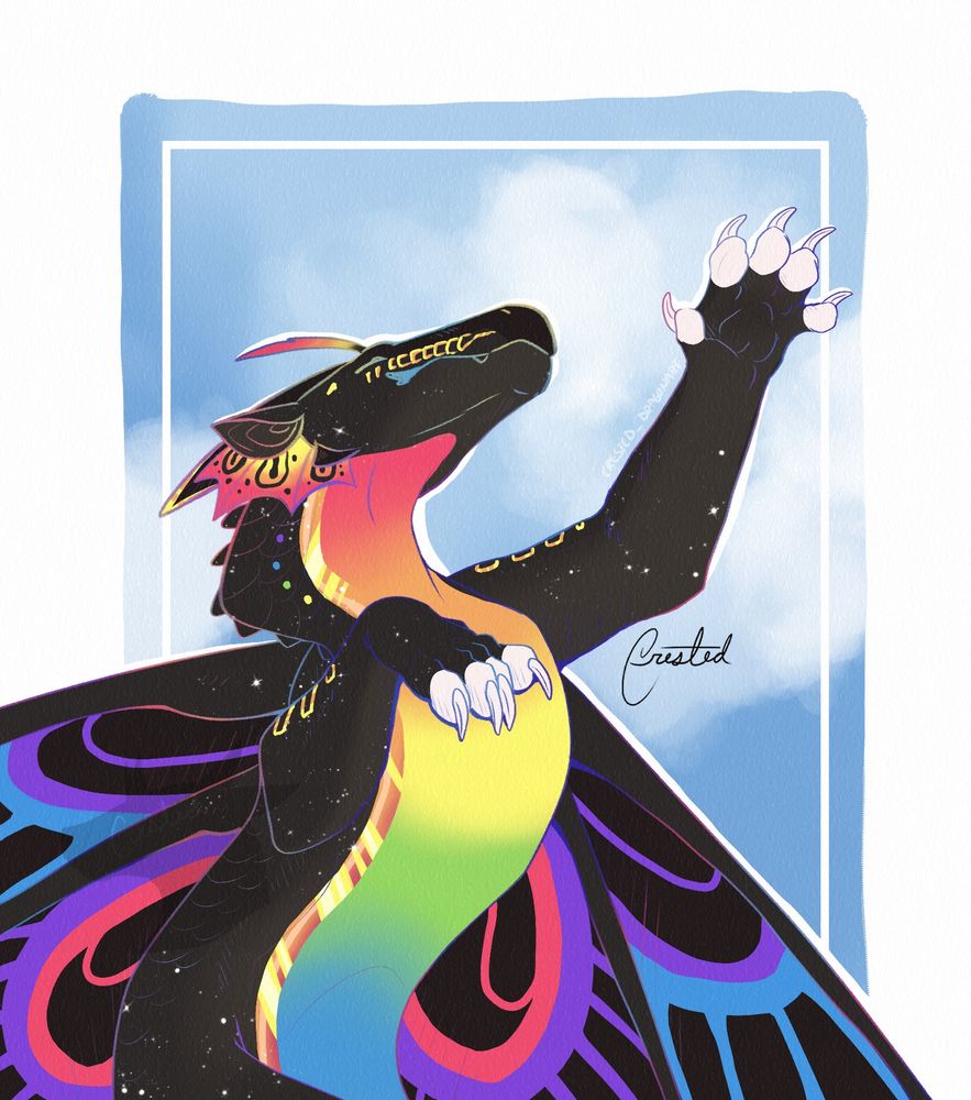 Halfbody drawing of someone's dragon character om discord. Their oc are a colorful butterfly inspired rainwing from the wing of fire universe.