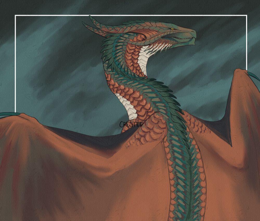Owed art. A scaly dragon with copper shades of orange and teal.