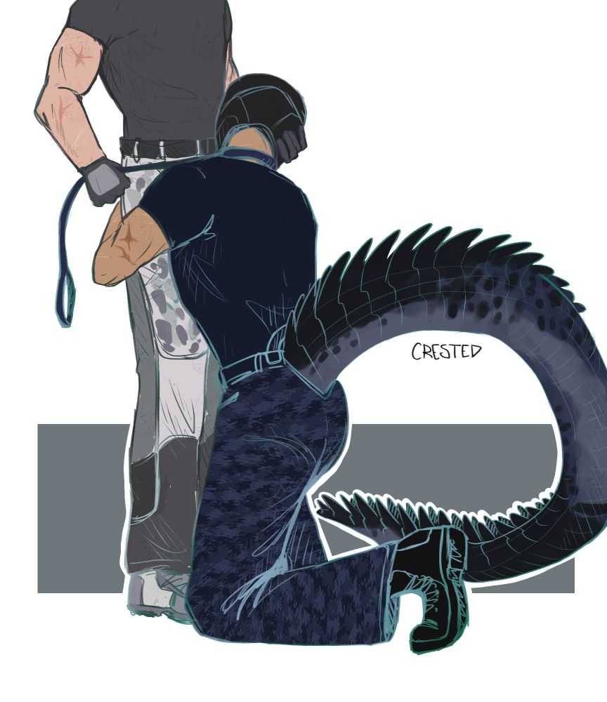 Drawing of my ocs Osprey and Gator. Gator is kneeling in front of Osprey and holding onto him while Osprey is holding Gator by the leash.