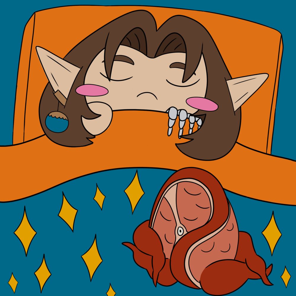 Ama tucked into bed with Carl Jr the steak monster curled up on top of the covers 