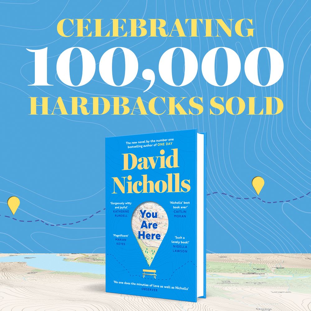 A picture of You Are Here in hardback, with the words 'Celebrating 100,000 hardbacks sold' above it.
