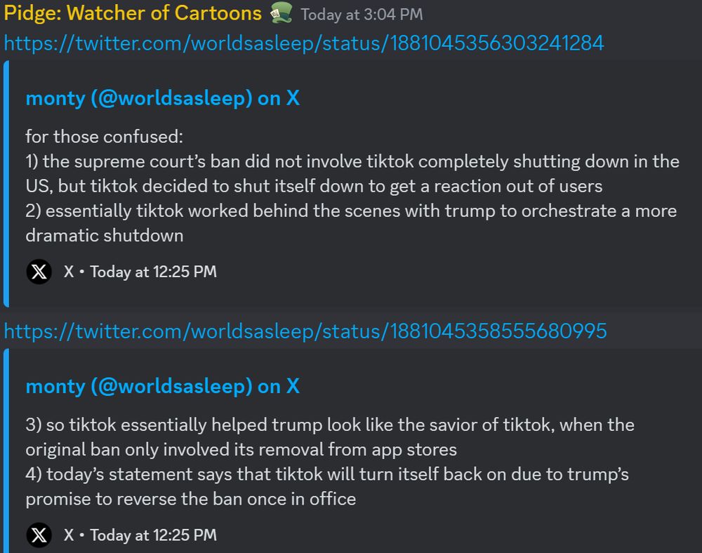 for those confused: 
1) the supreme court's ban did not involve tiktok completely shutting down in the US, but tiktok decided to shut itself down to get a reaction out of users. 
2) essentially tiktok worked behind the scenes with trump to orchestrate a more dramatic shutdown
3) so tiktok essentially helped trump look like the savior of tiktok, when the original ban only involved its removal from app stores 
4) today's statement says that tiktok will turn itself back on due to trump's promise to reverse the ban once in office