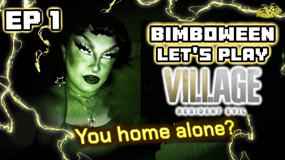 Thumbnail yellow green tones with streamer selfie manipulated to look alien. text reads: Bimboween let's play Resident Evil Village, you home alone?