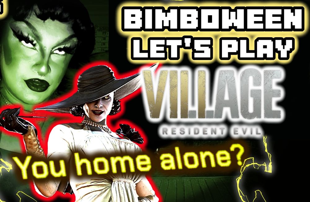 Cropped YouTube thumbnails of resident evil character Lady Dimitrescu and a edited photo of the streamer behind her. Text reads: Bimboween Let's Play RE Village 