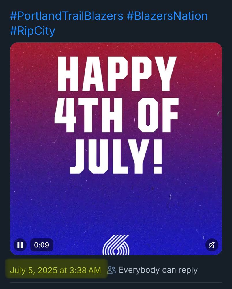 Happy 4th of July message from the Blazers posted on July 5th at 3:38 in the morning.