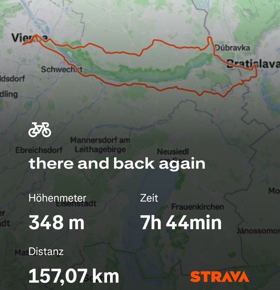 Ein Screenshot einer GPS Aufzeichnung einer Radfahrer von Wien nach Bratislava und zurück. 157km in 7h 44min.