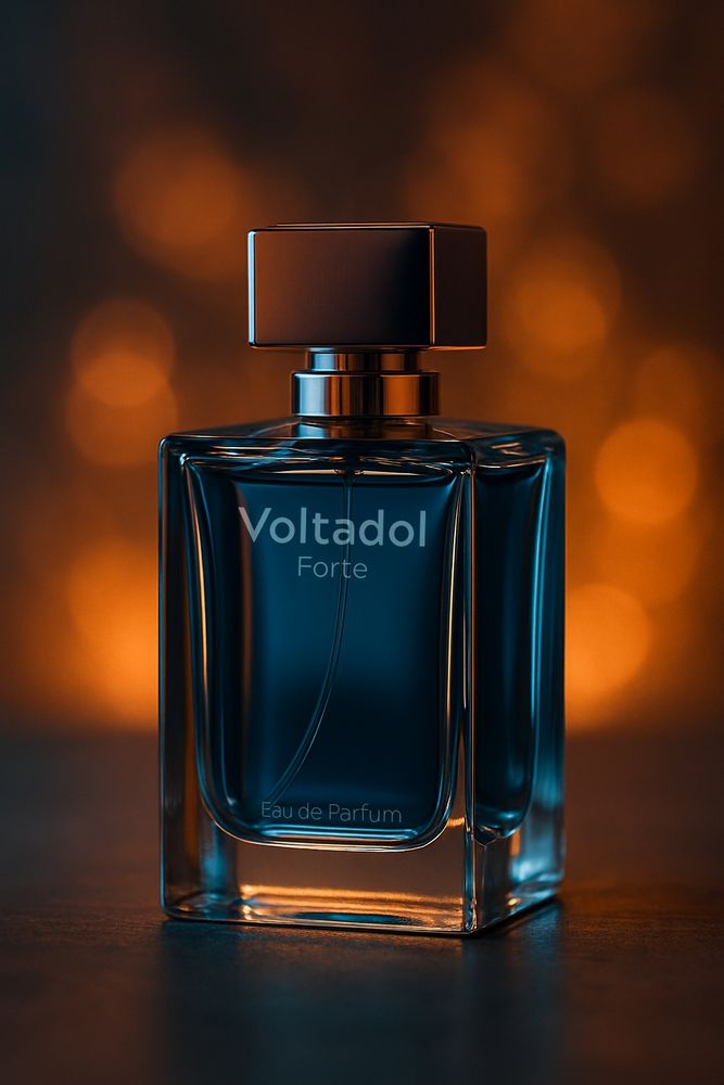 eine Parfumflasche, darauf steht "Voltadol Forte - Eau de Parfum"