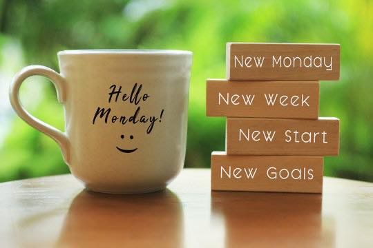 Cup of coffee with the words, ‘Hello Monday! :)’
Next to it, there are four rectangular sections that say, ‘New Monday; New Week; New Start; New Goals.’